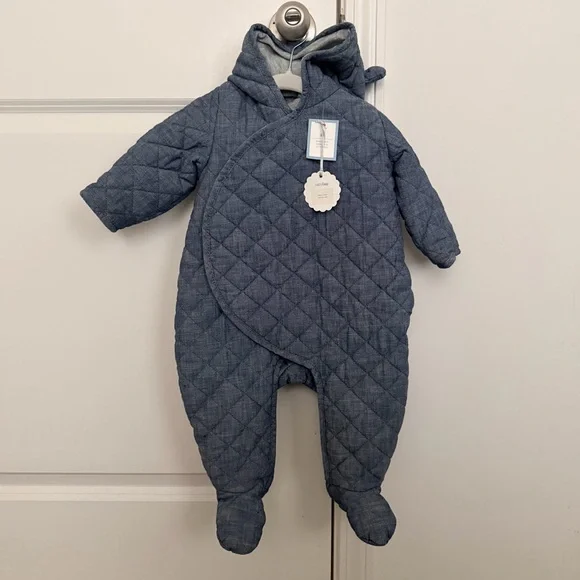 Baby Quilted Chambray Bear One-Piece Size 6M- 12M Blue Cozy Infant Winter Fall - Picture 3 of 8